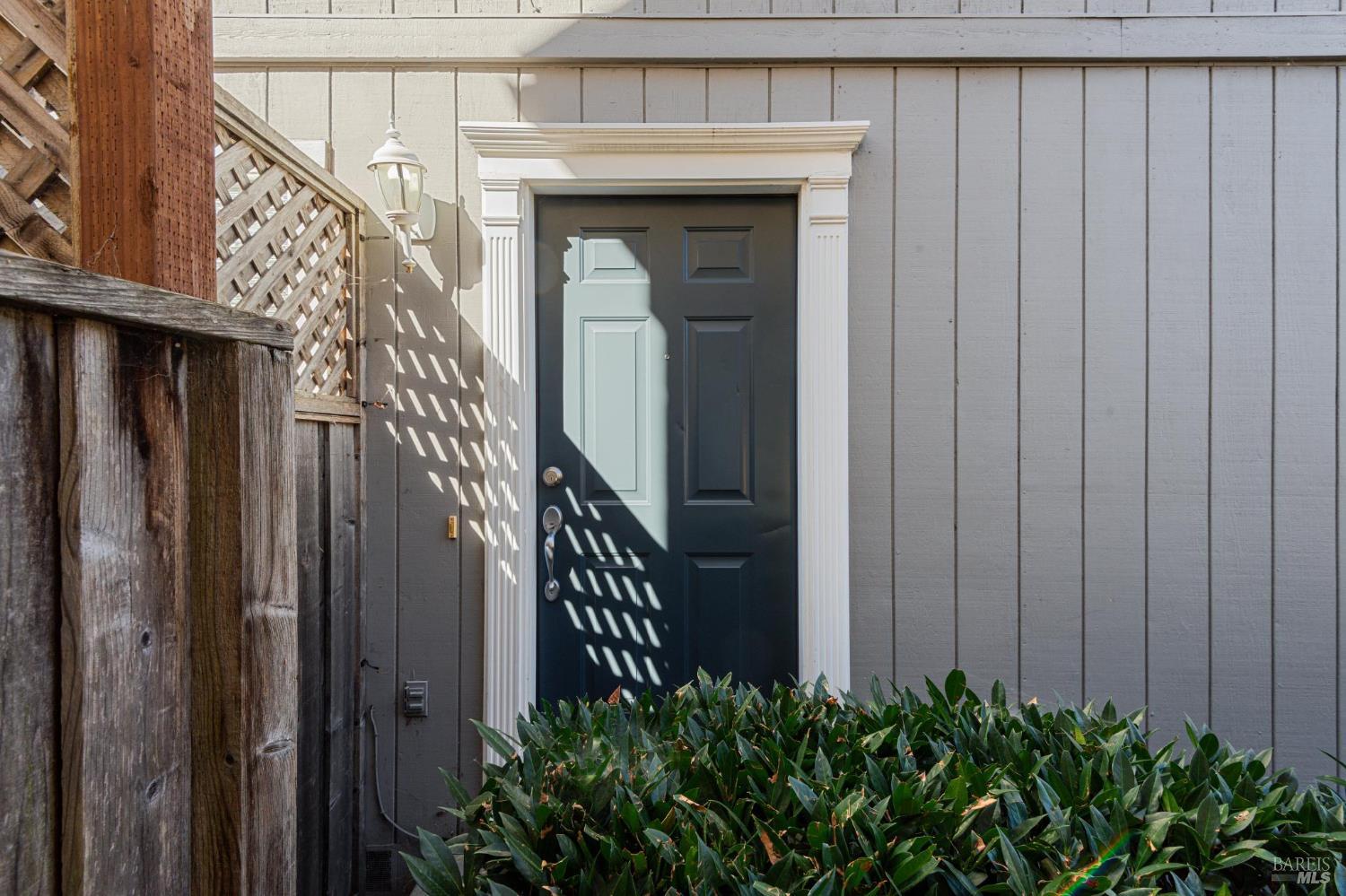 Dark paneled entry door with white trim, lattice shadows, a weathered fence, and green shrubs.