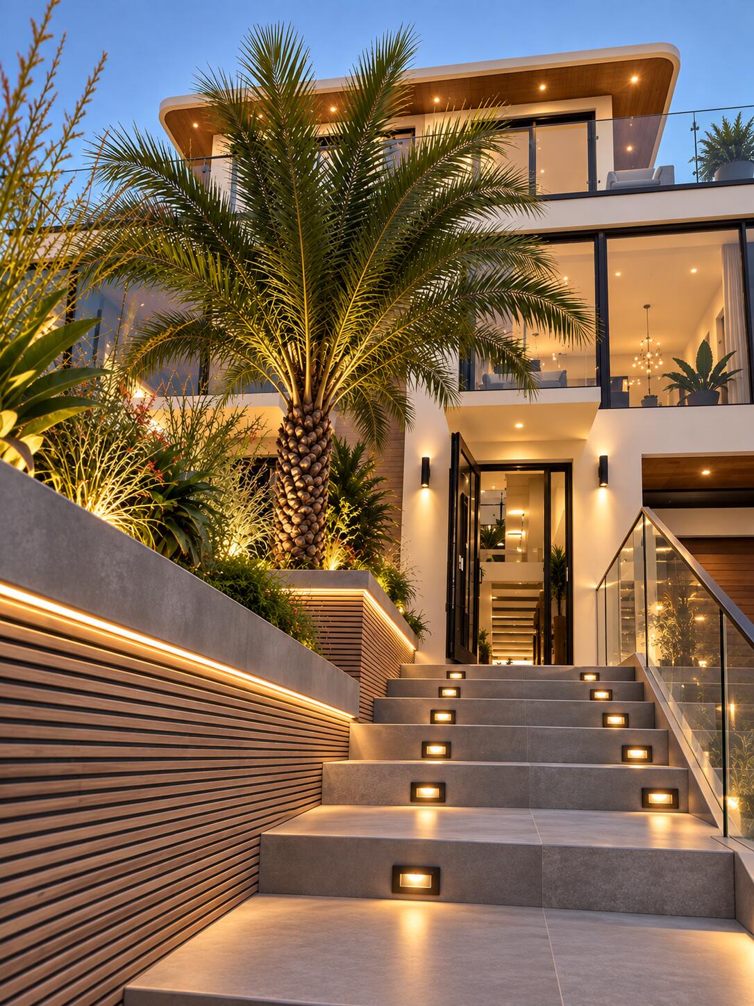 Modern home entrance with illuminated steps, glass balconies, and a palm tree at dusk.