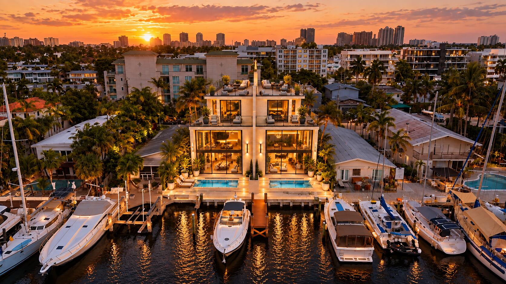 Waterfront residence with rooftop terrace, twin pools, and yachts at its dock