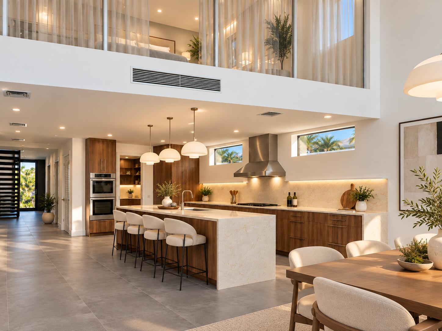 Modern kitchen with a large marble island, warm wood cabinetry, and an upstairs bedroom behind glass.