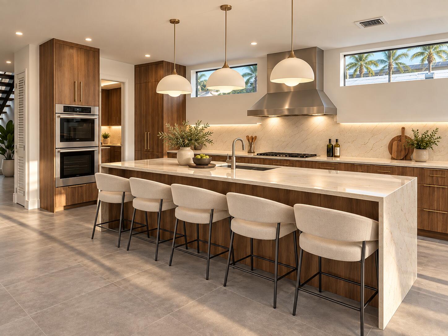 Modern kitchen with a marble island, walnut cabinetry, five stools, and windows overlooking palm trees.