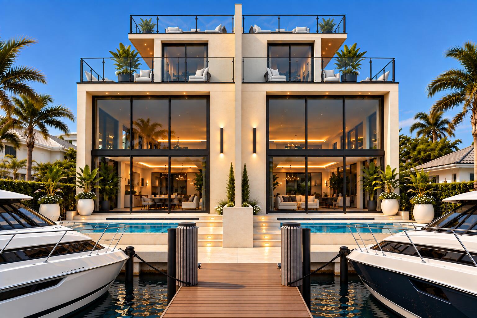 Modern waterfront home with glass terraces, a pool, and boats moored at its dock.