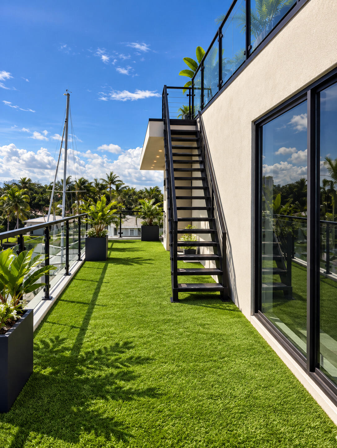 Modern home terrace with green turf, black stairs, glass railings, and tropical planters.