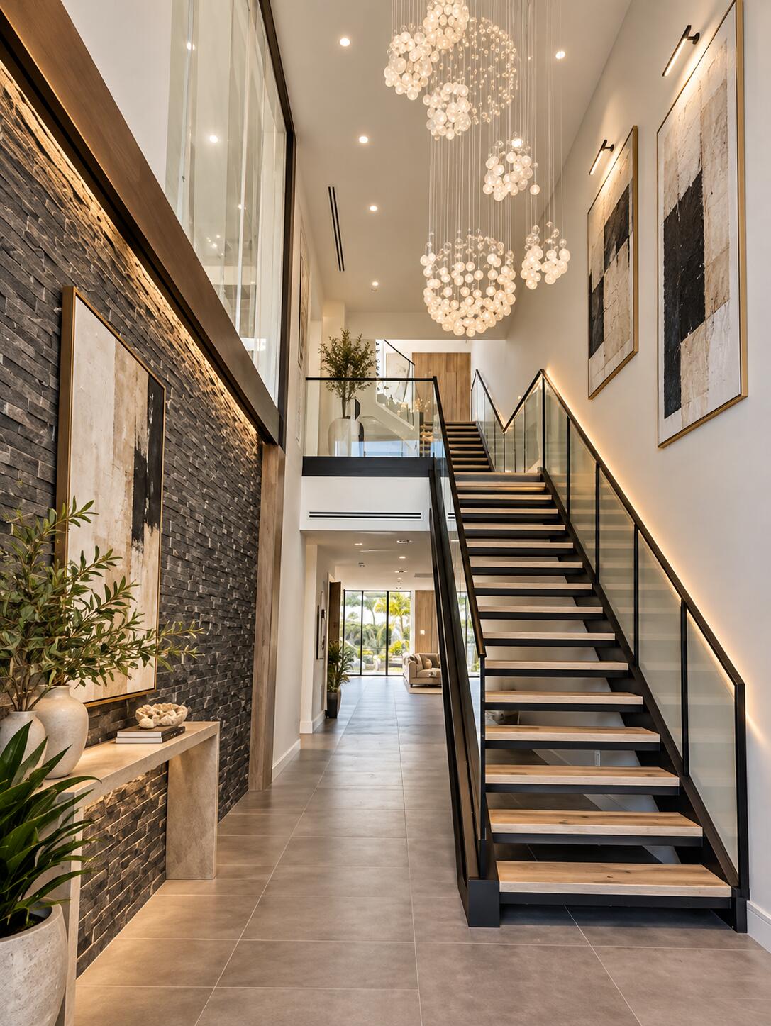 Modern foyer with a glass-railed staircase, dramatic pendant lights, and a dark stone feature wall.