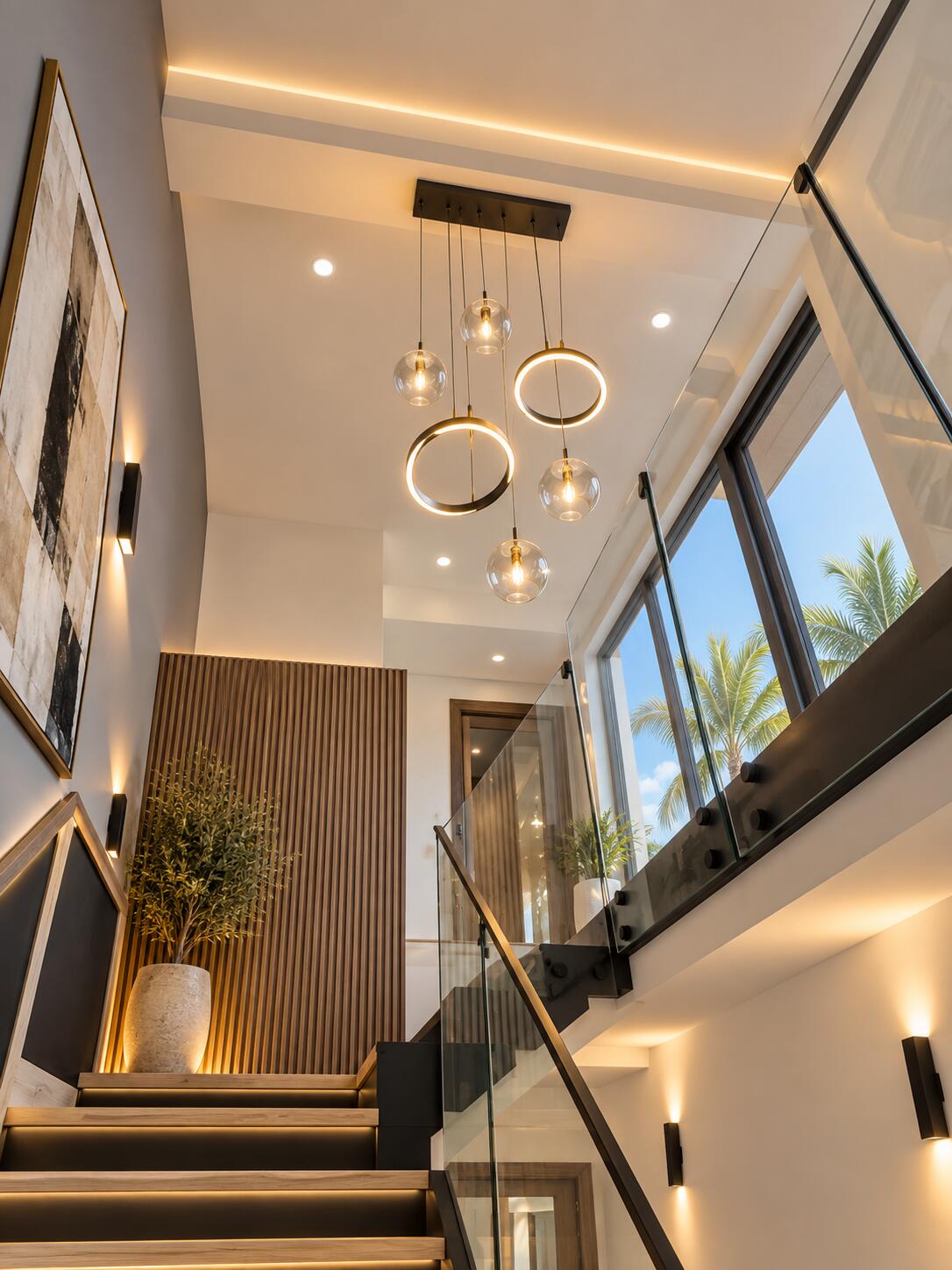 Modern stairwell with floating wood steps, glass railings, and sculptural pendant lights.