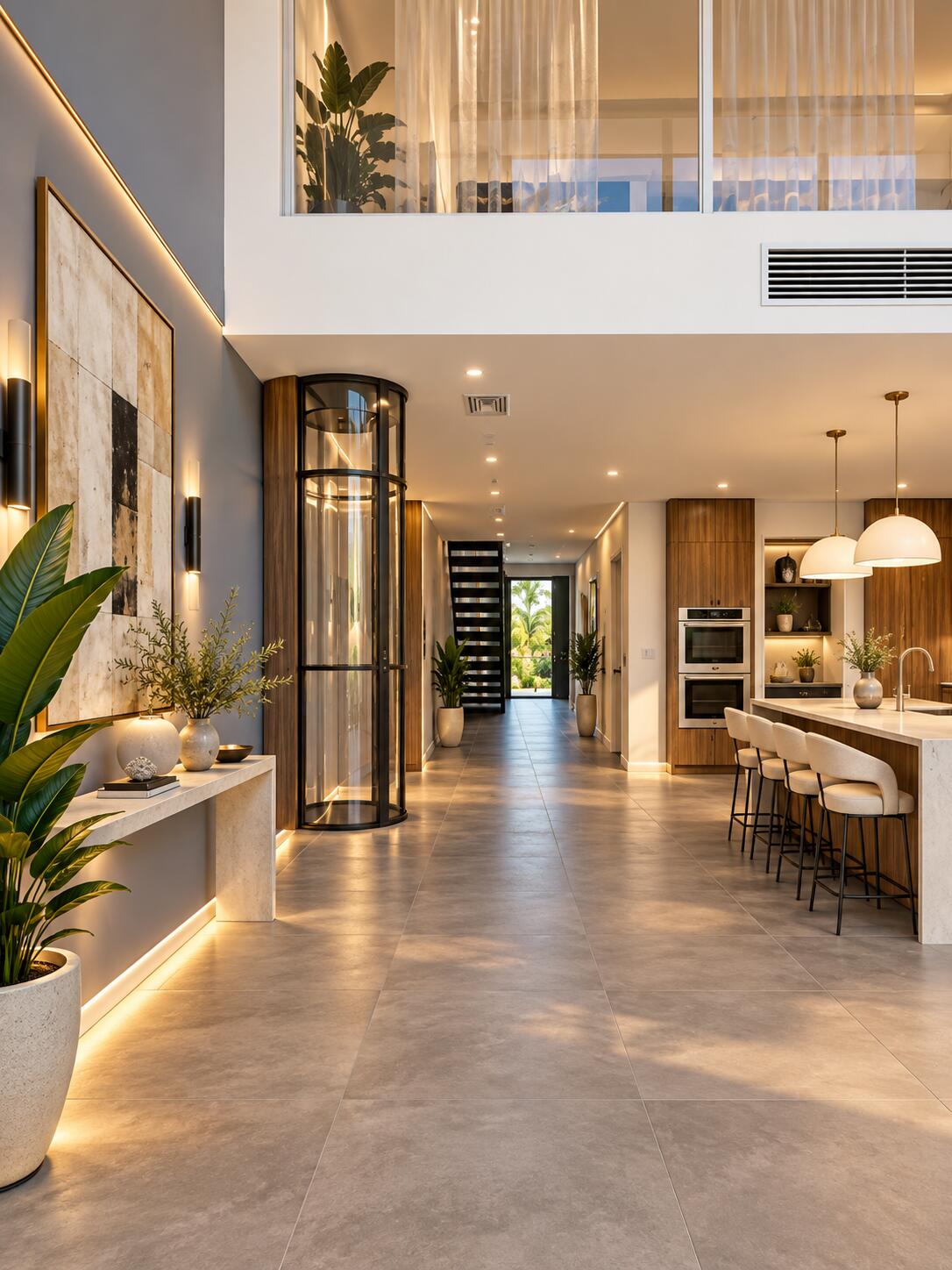 Modern foyer with a curved glass elevator, marble console, and open kitchen island.