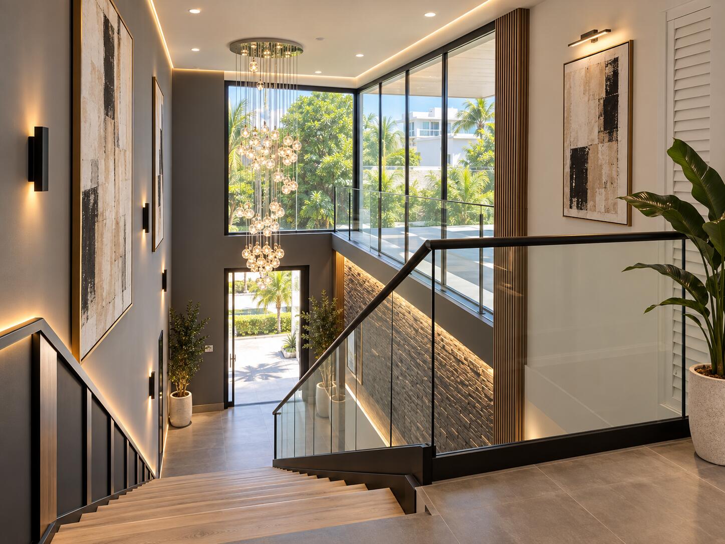 Double-height stairwell with wood stairs, glass railings, a cascading chandelier, and windows overlooking tropical greenery.