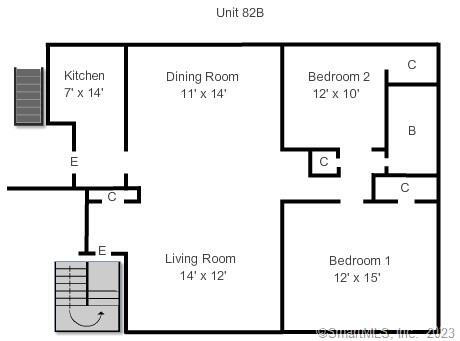 Unit 82B floor plan showing two bedrooms, kitchen, dining room, living room, and room dimensions.