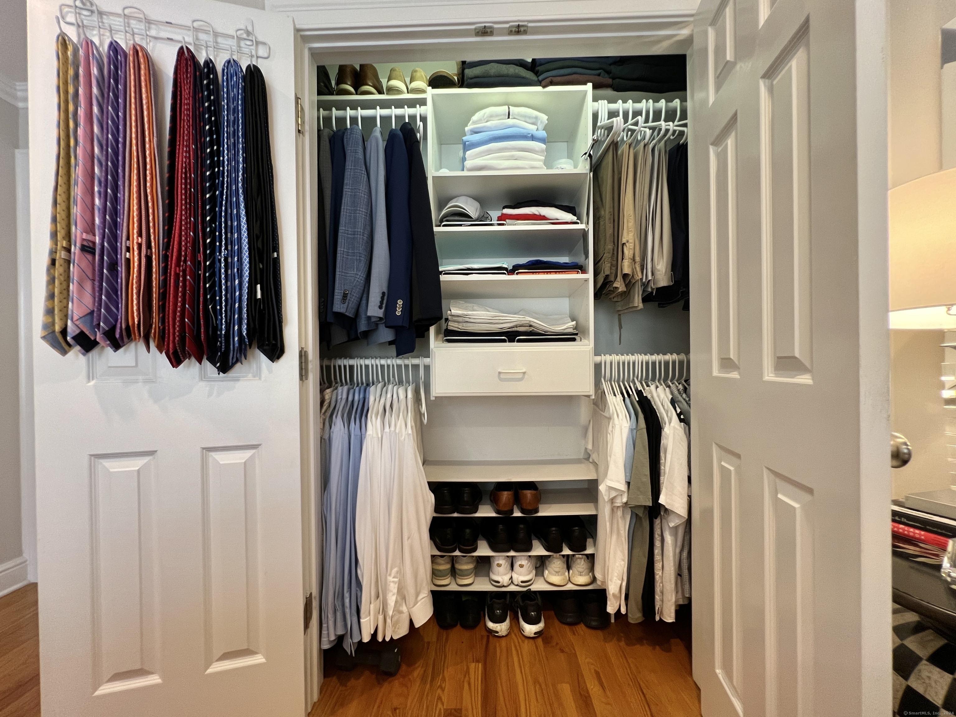 Organized walk-in closet with built-in shelves, hanging clothes, rows of shoes, and ties displayed on the door.