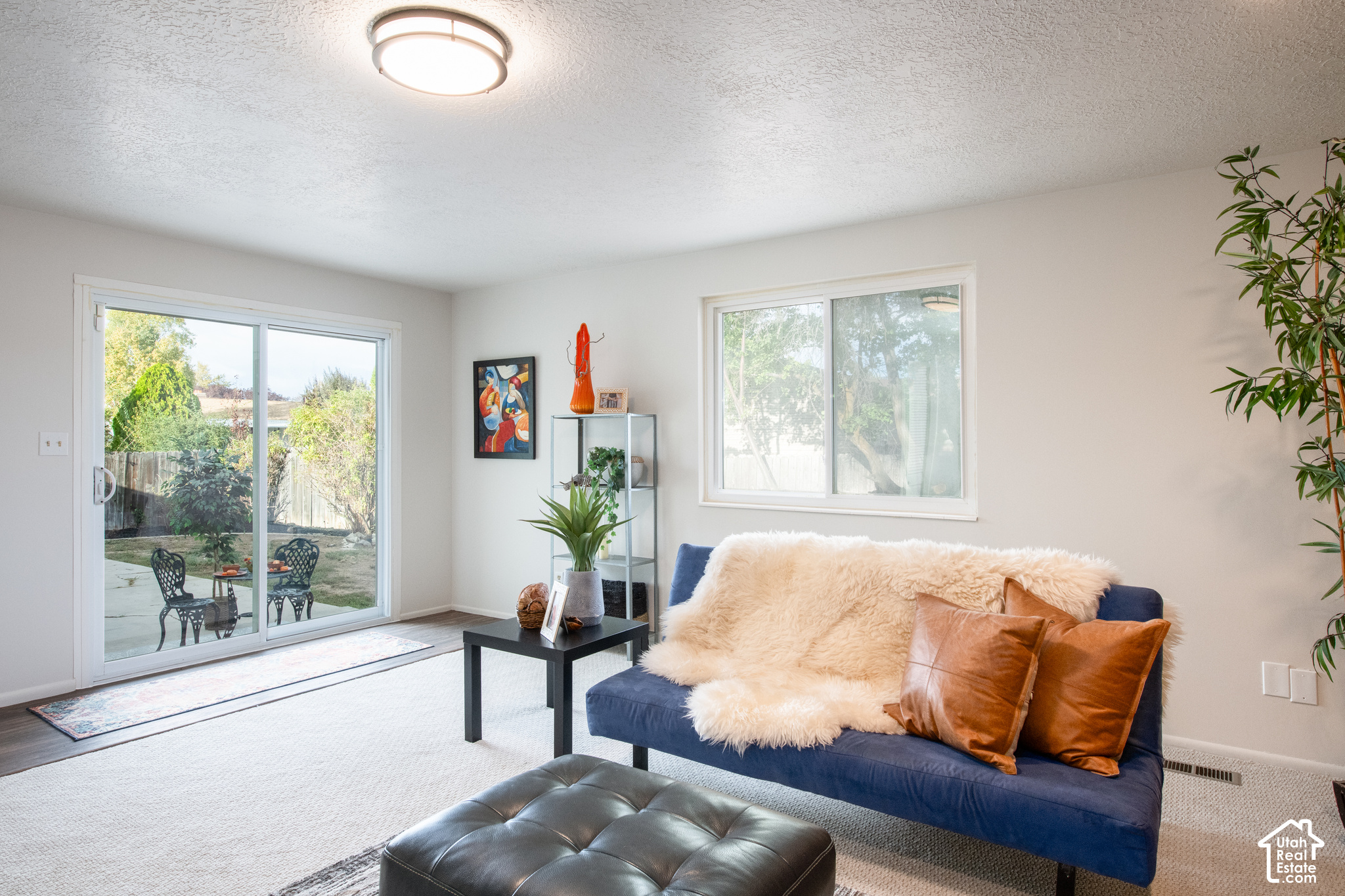 Living room with a blue sofa and fluffy white throw beside a sliding glass door to the backyard.