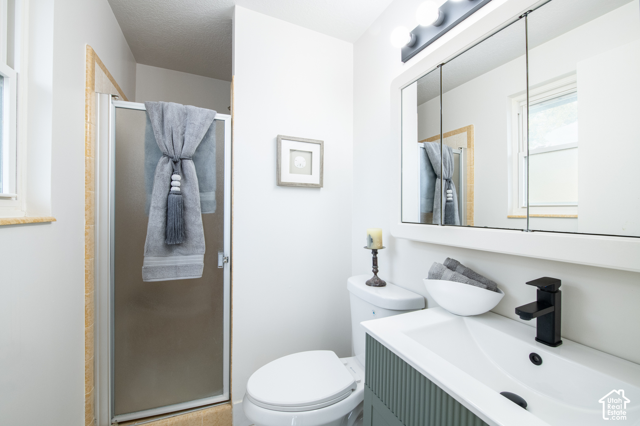 Bathroom with glass shower, large mirrored medicine cabinet, and gray-green vanity.