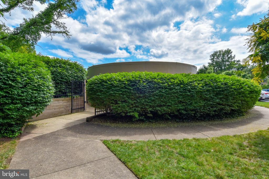 Building entrance partly screened by tall hedges, with a black gate and paved walkway.