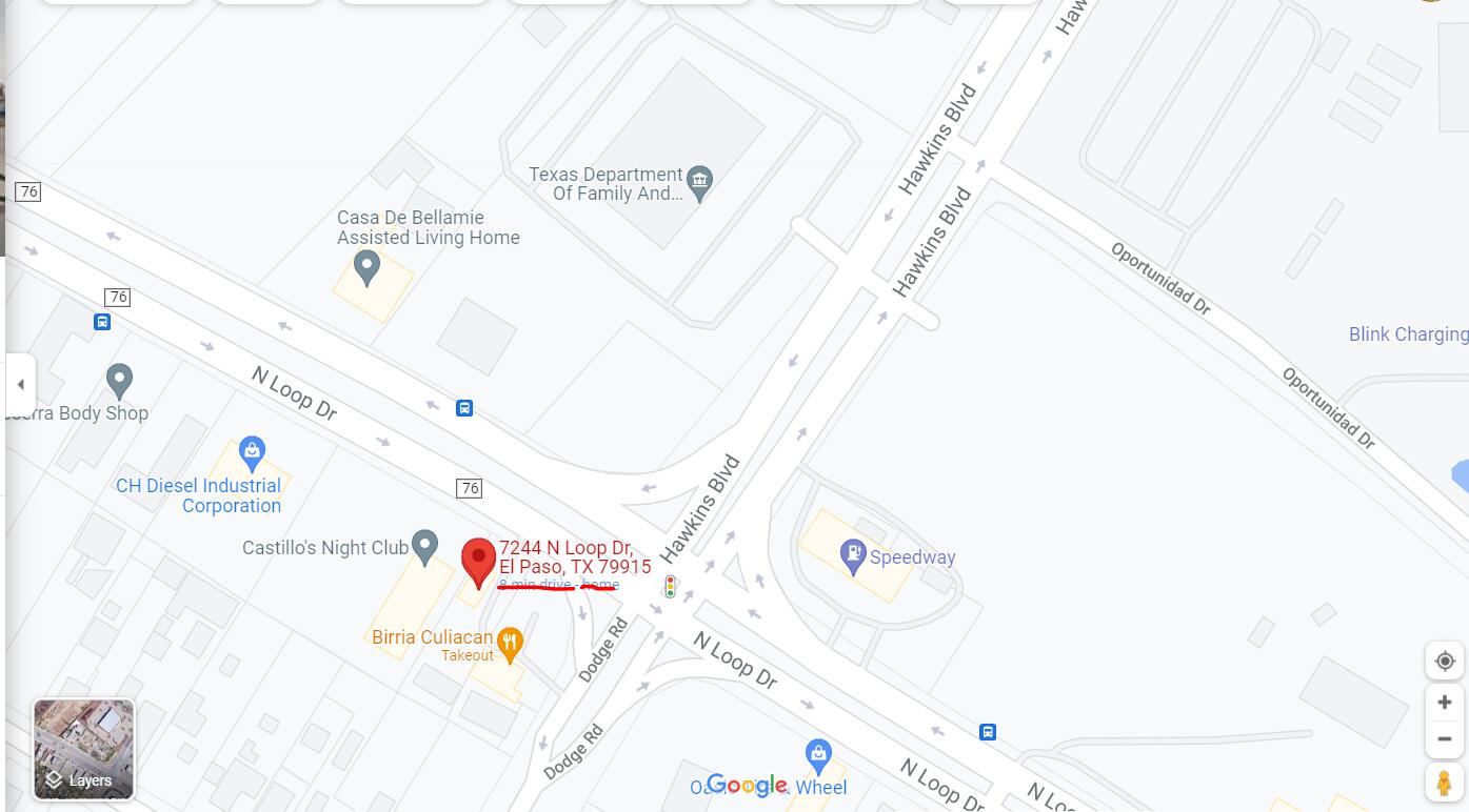 Map marking 7244 N Loop Drive in El Paso near Hawkins Boulevard and Dodge Road.