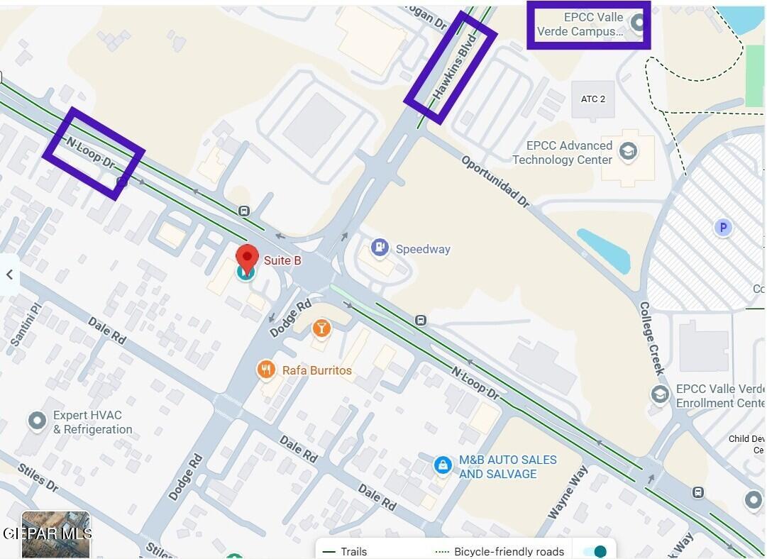 Map marking Suite B near N Loop Drive and Dodge Road, with EPCC Valle Verde campus landmarks nearby.