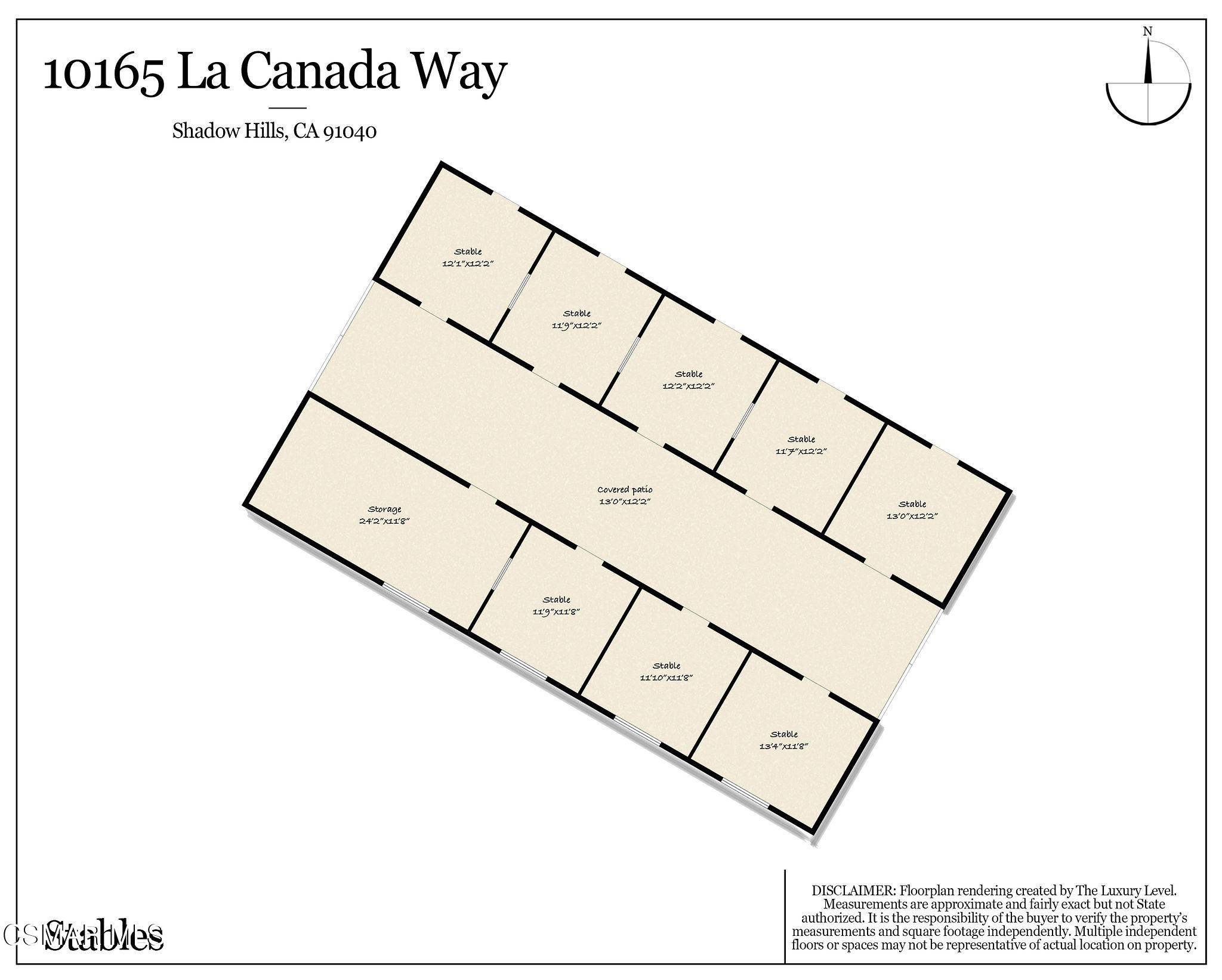 Floor plan of a stable building with eight stalls, a covered patio, and storage.