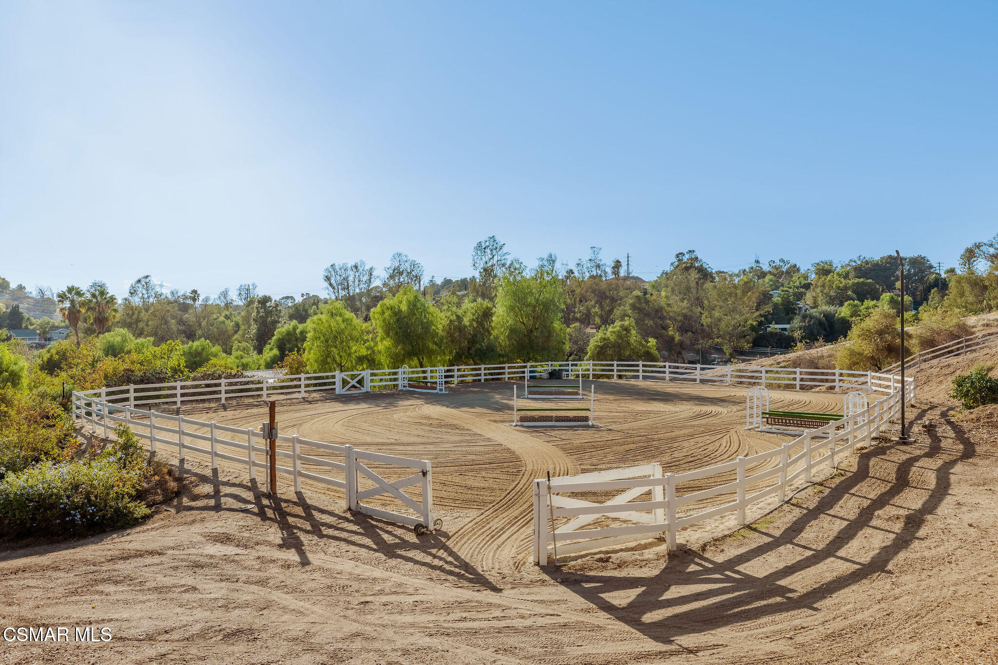 Circular sand riding arena with white fencing and equestrian obstacles, surrounded by trees.