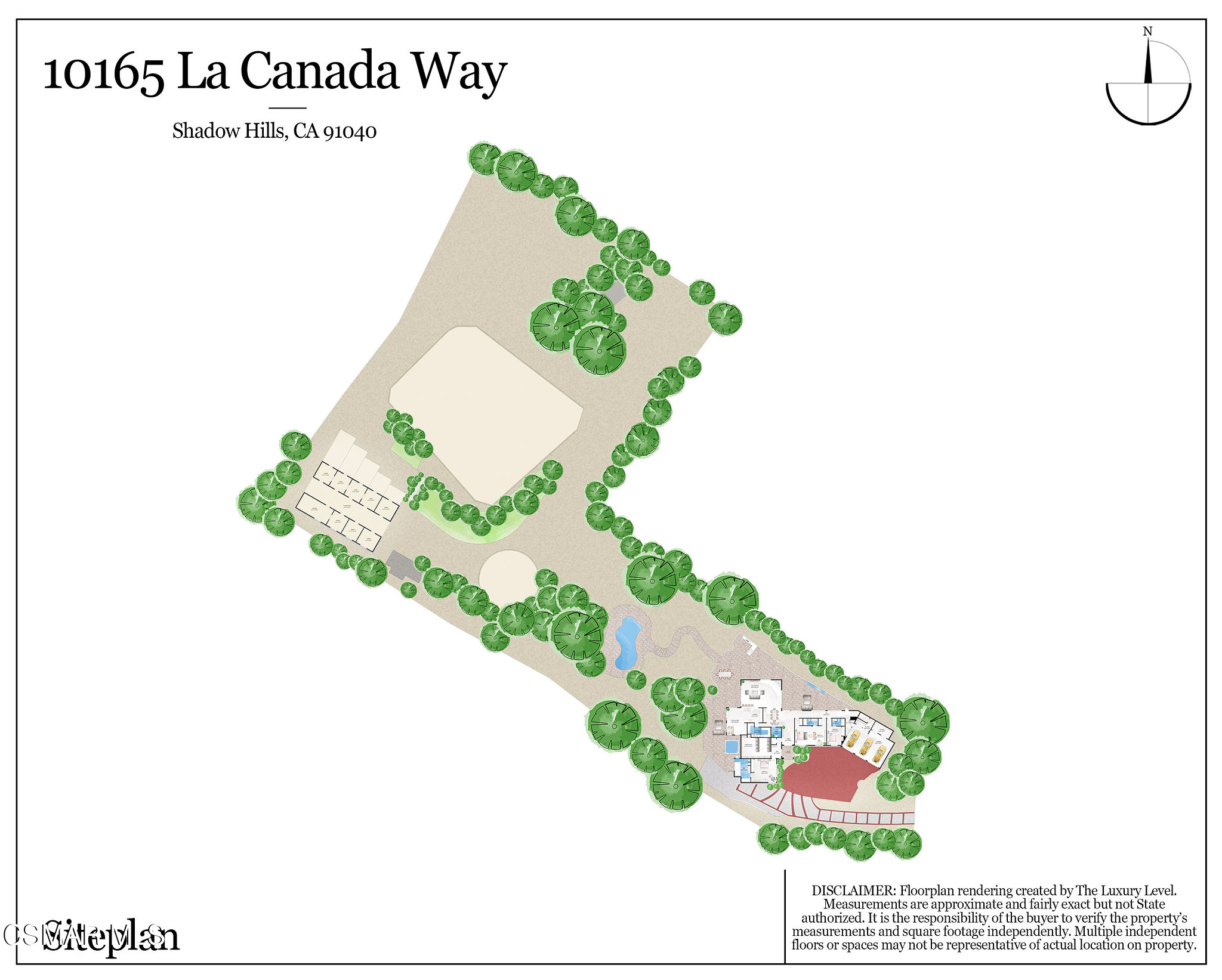 Site plan for 10165 La Canada Way showing the buildings, landscaped grounds, pool, driveway, and north orientation.