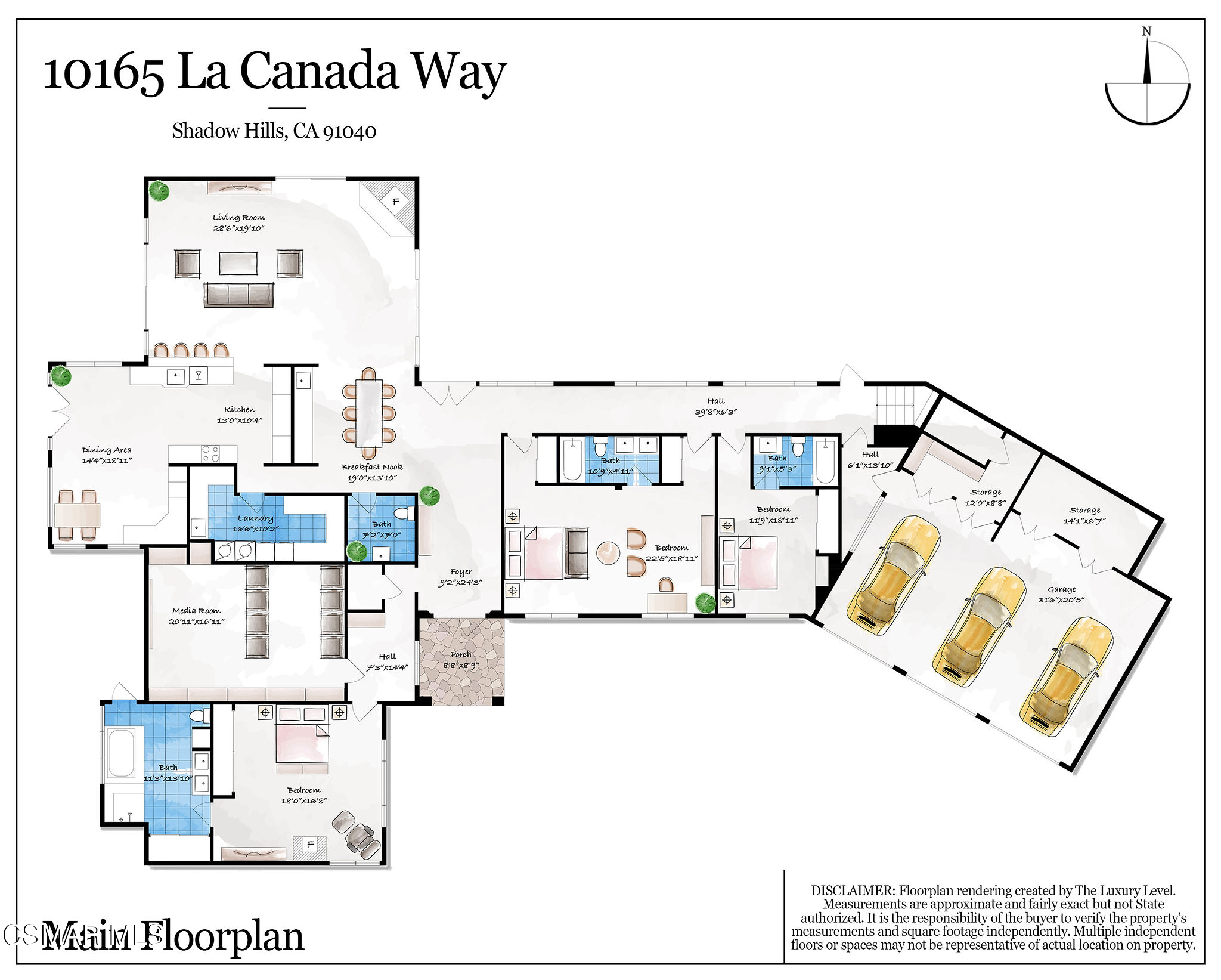 Floor plan of 10165 La Canada Way, showing its room layout and three-car garage.