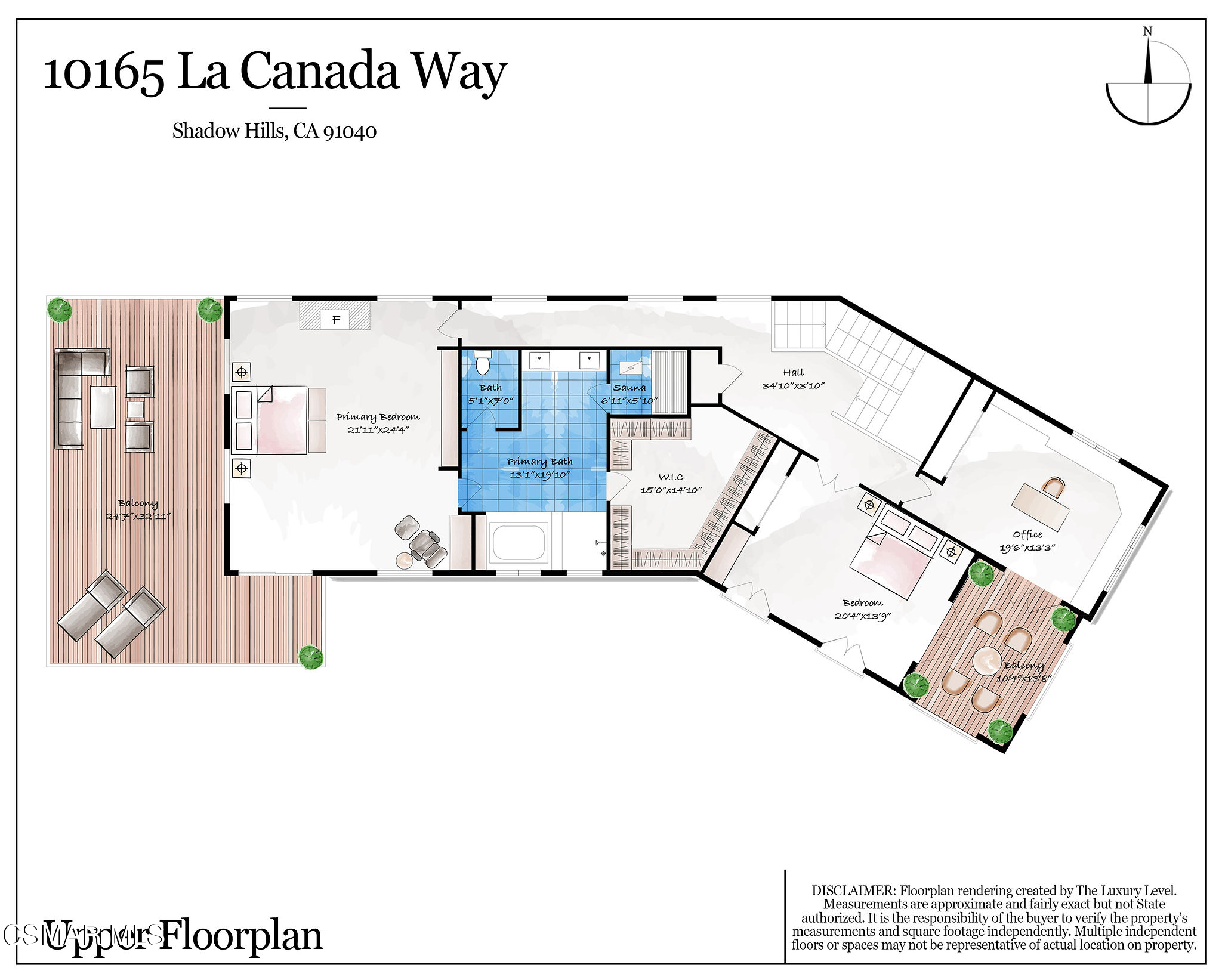 Floor plan for 10165 La Canada Way, with a primary suite, sauna, office, bedroom, and two balconies.