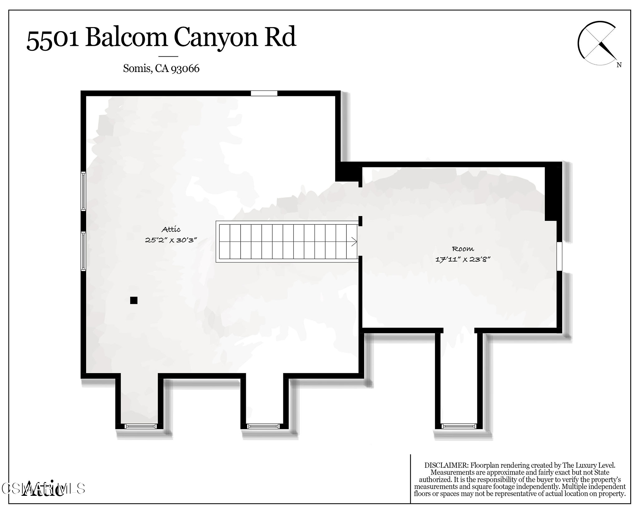Floor plan showing a large attic connected by stairs to an adjoining room.