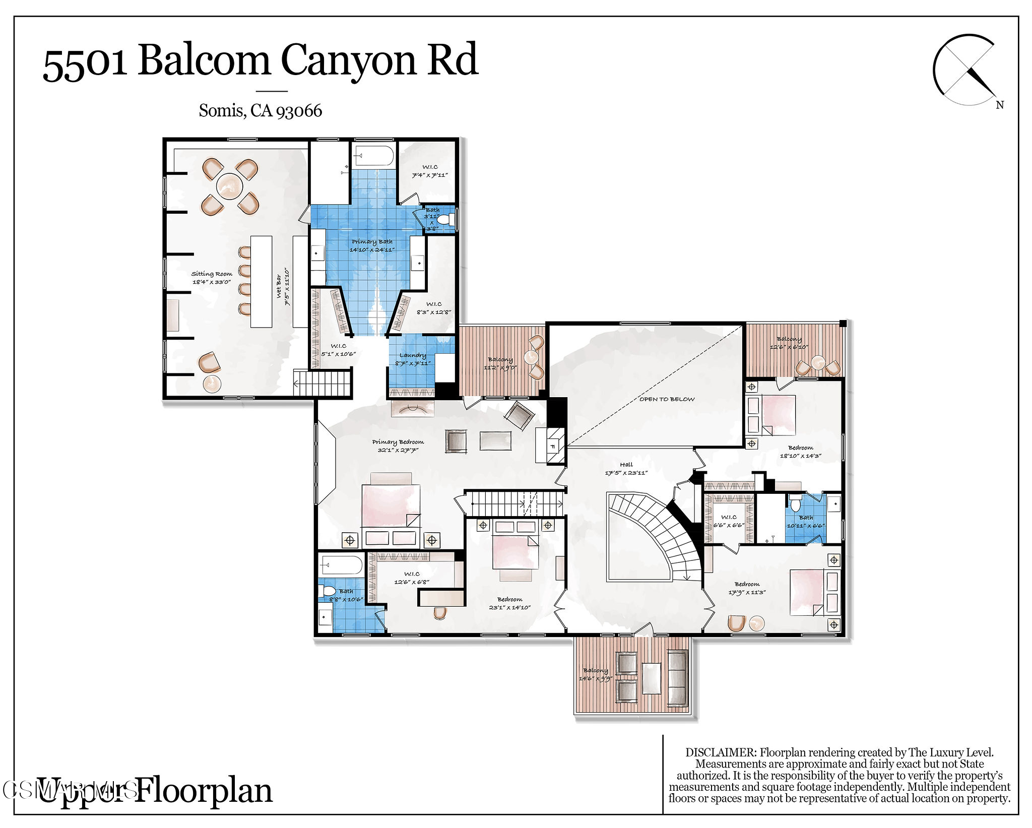Floor plan for 5501 Balcom Canyon Road, showing bedrooms around a central hall and open-to-below area.
