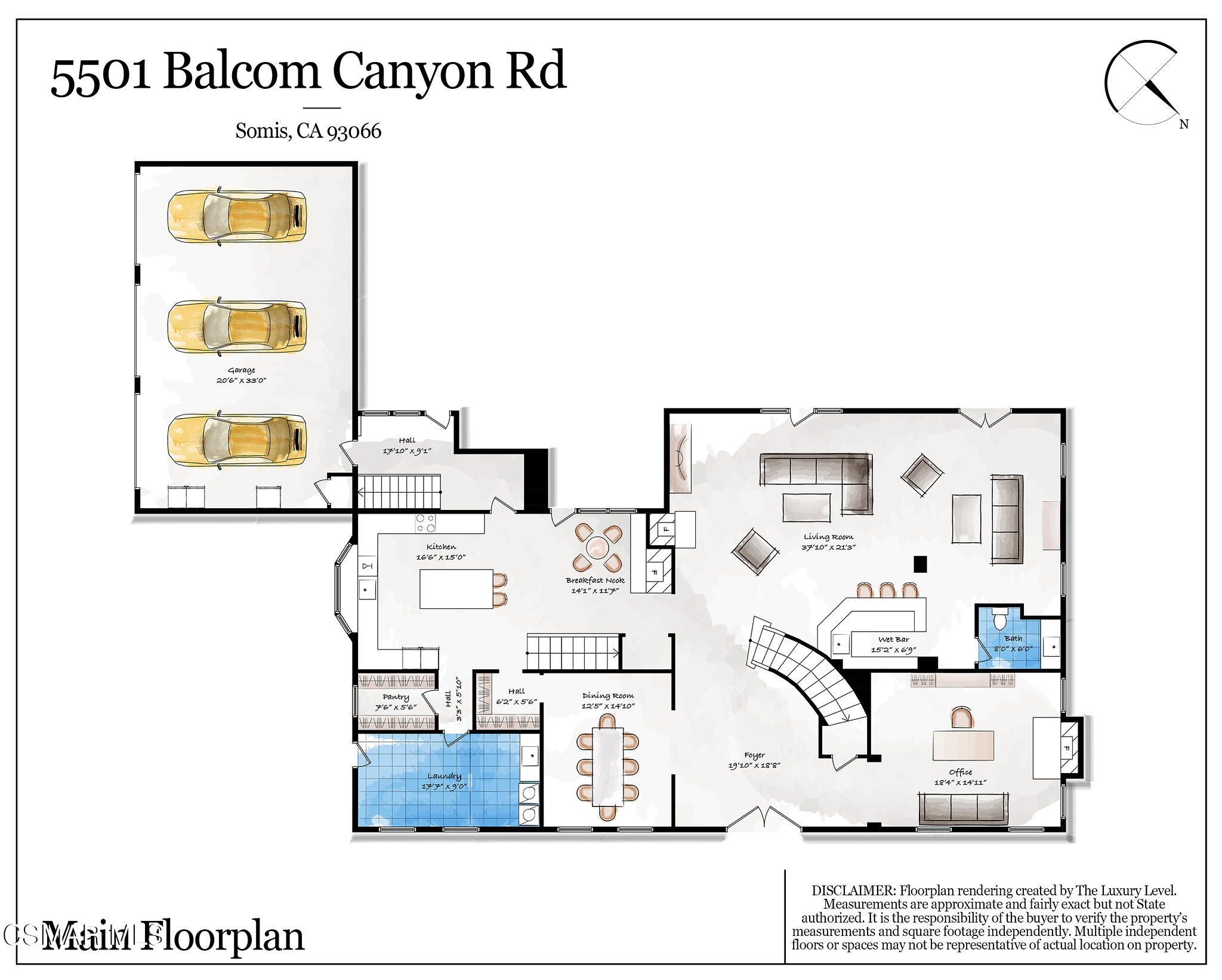 Floor plan of 5501 Balcom Canyon Road, showing the main living areas and three-car garage.