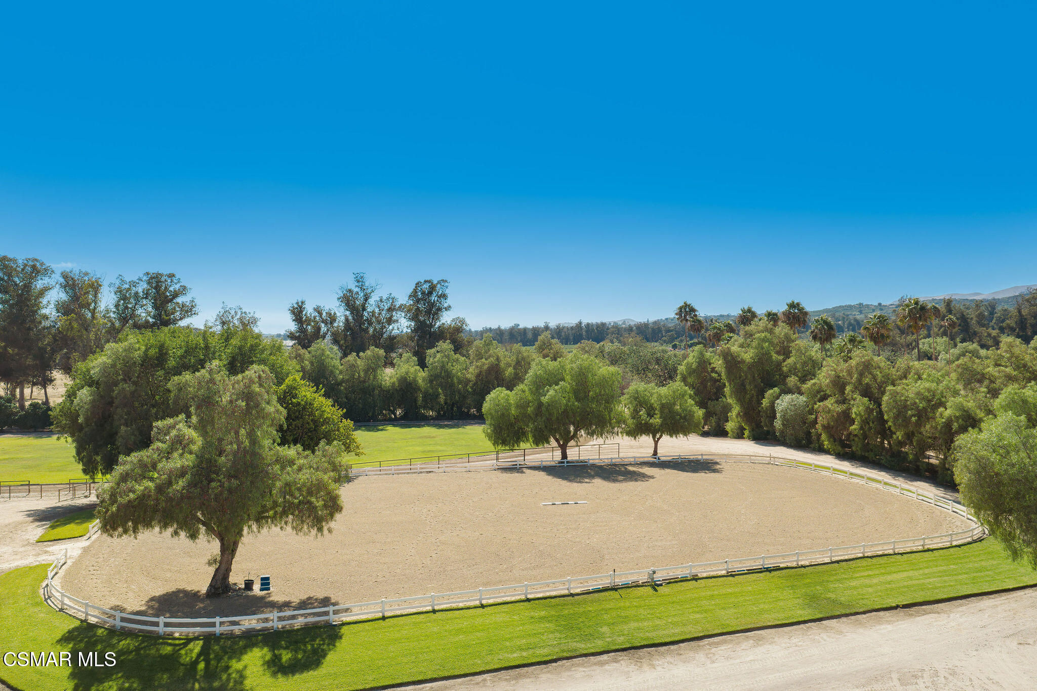 Sand riding arena with white fencing, a small jump, and mature trees.