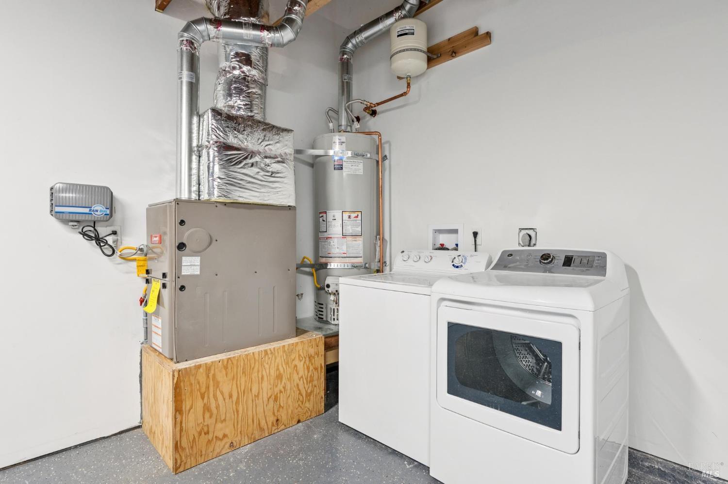 Laundry room with a washer and dryer beside a furnace and water heater.