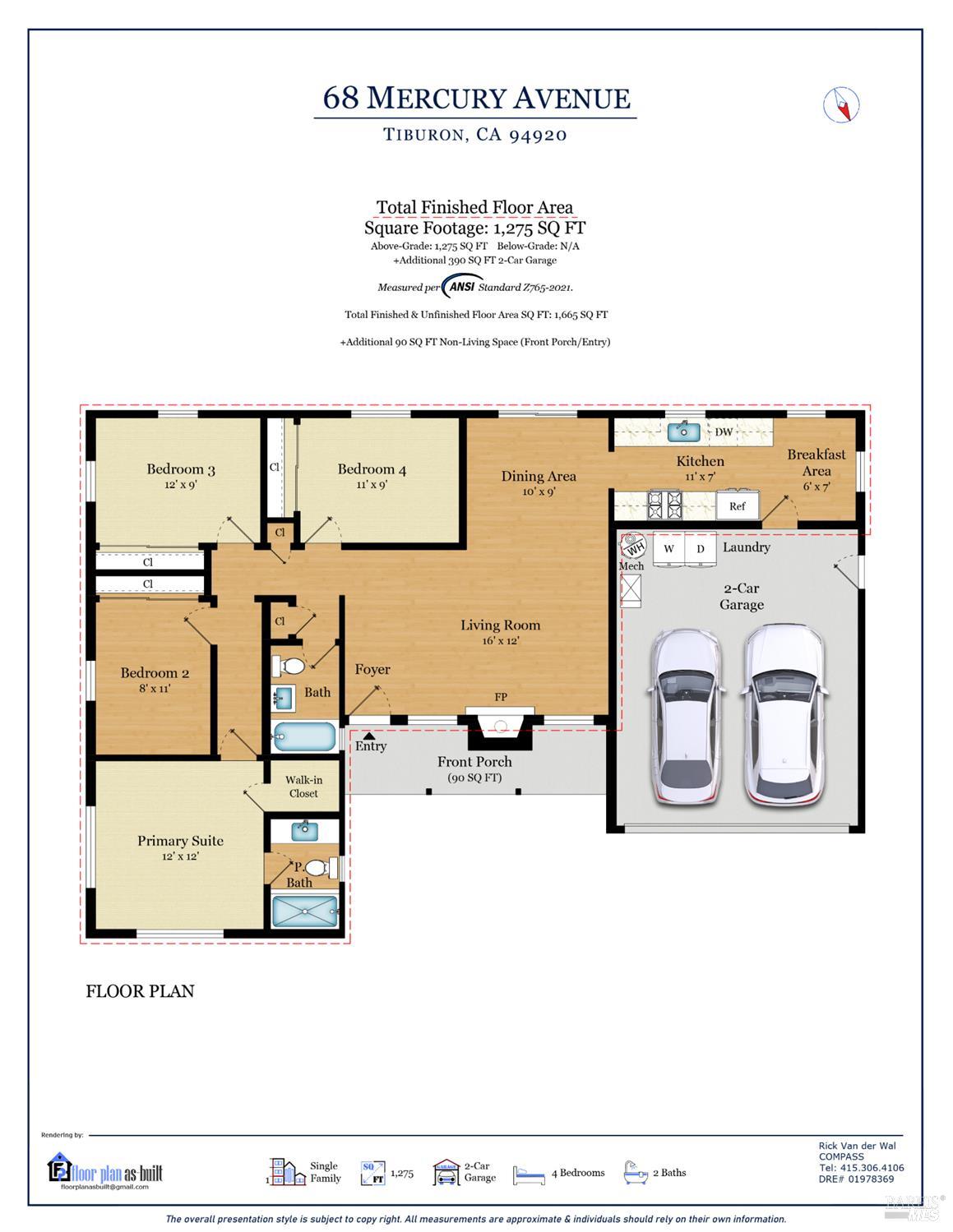 Floor plan for 68 Mercury Avenue with four bedrooms, two baths, and a two-car garage.