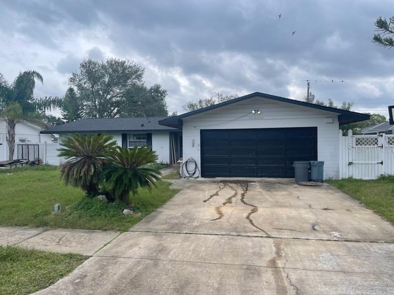 Single-story white house with a wide black garage door, concrete driveway, and cycads in the yard.