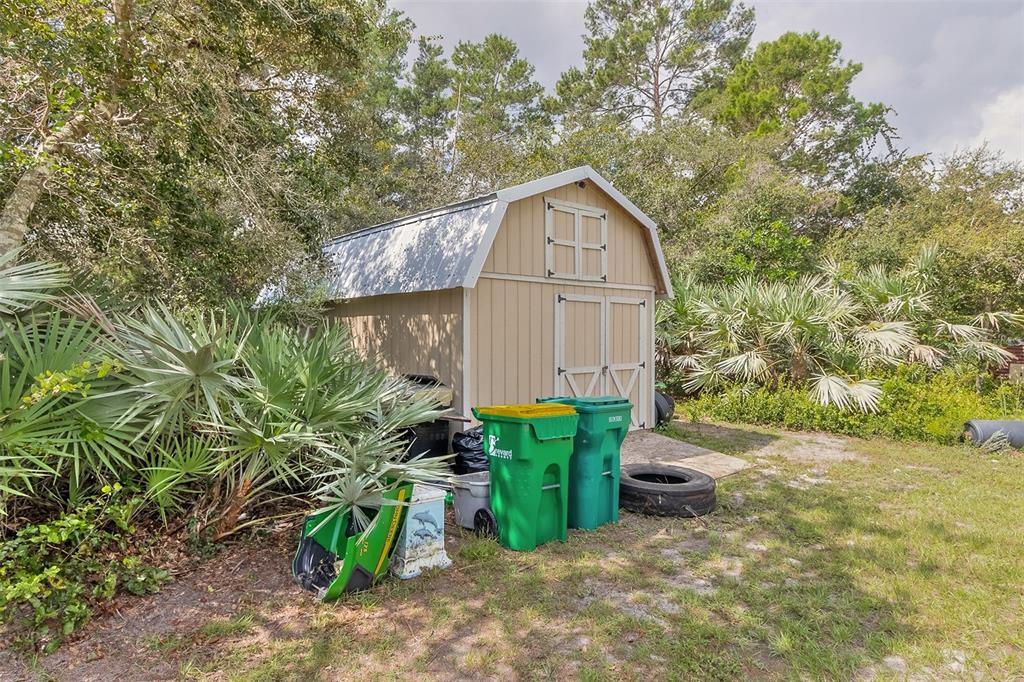 Tan storage shed with a metal gambrel roof among palms, with green bins and discarded items in front.