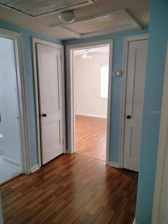 Hallway with blue walls and wood-look flooring, opening to a bright, unfurnished room.