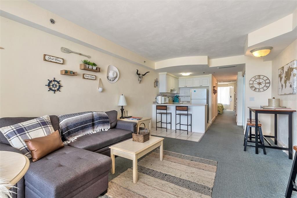 Open-plan condo living room with a gray sectional, area rug, and breakfast bar kitchen.