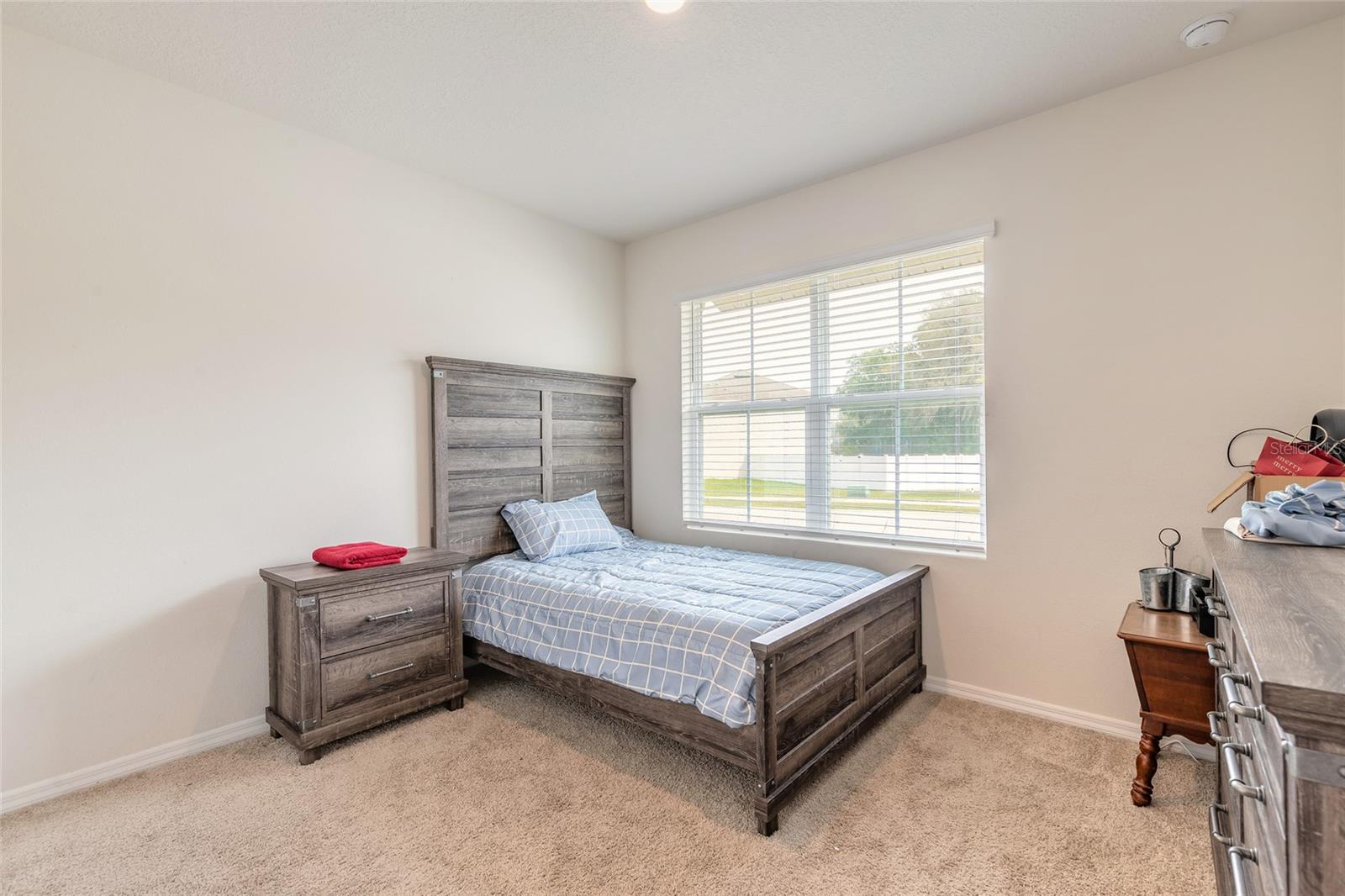 Bedroom with a gray wood bed, blue plaid bedding, matching nightstand, and large window with blinds.