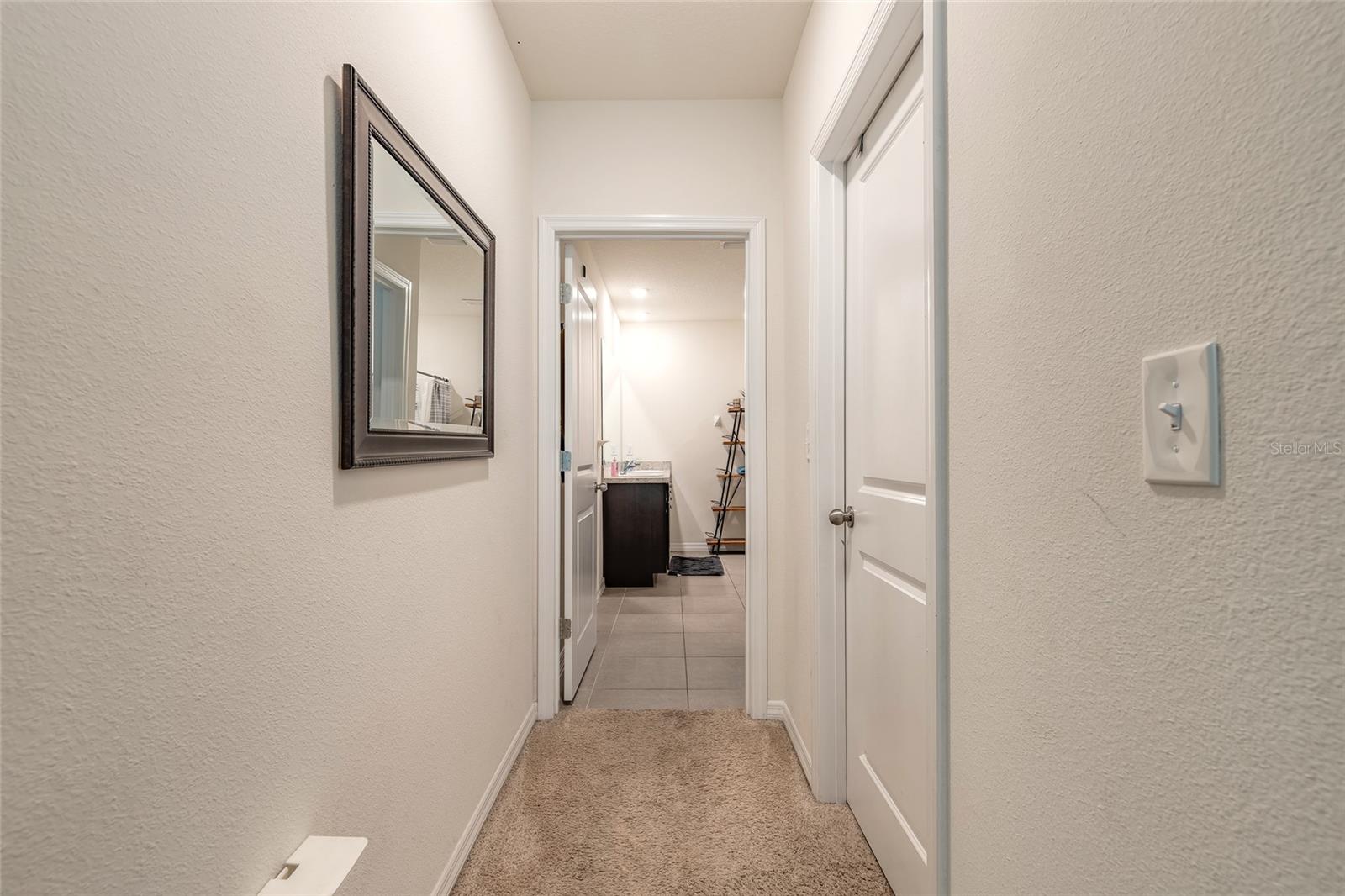 Carpeted hallway leading to a tiled bathroom with a dark vanity and framed wall mirror.
