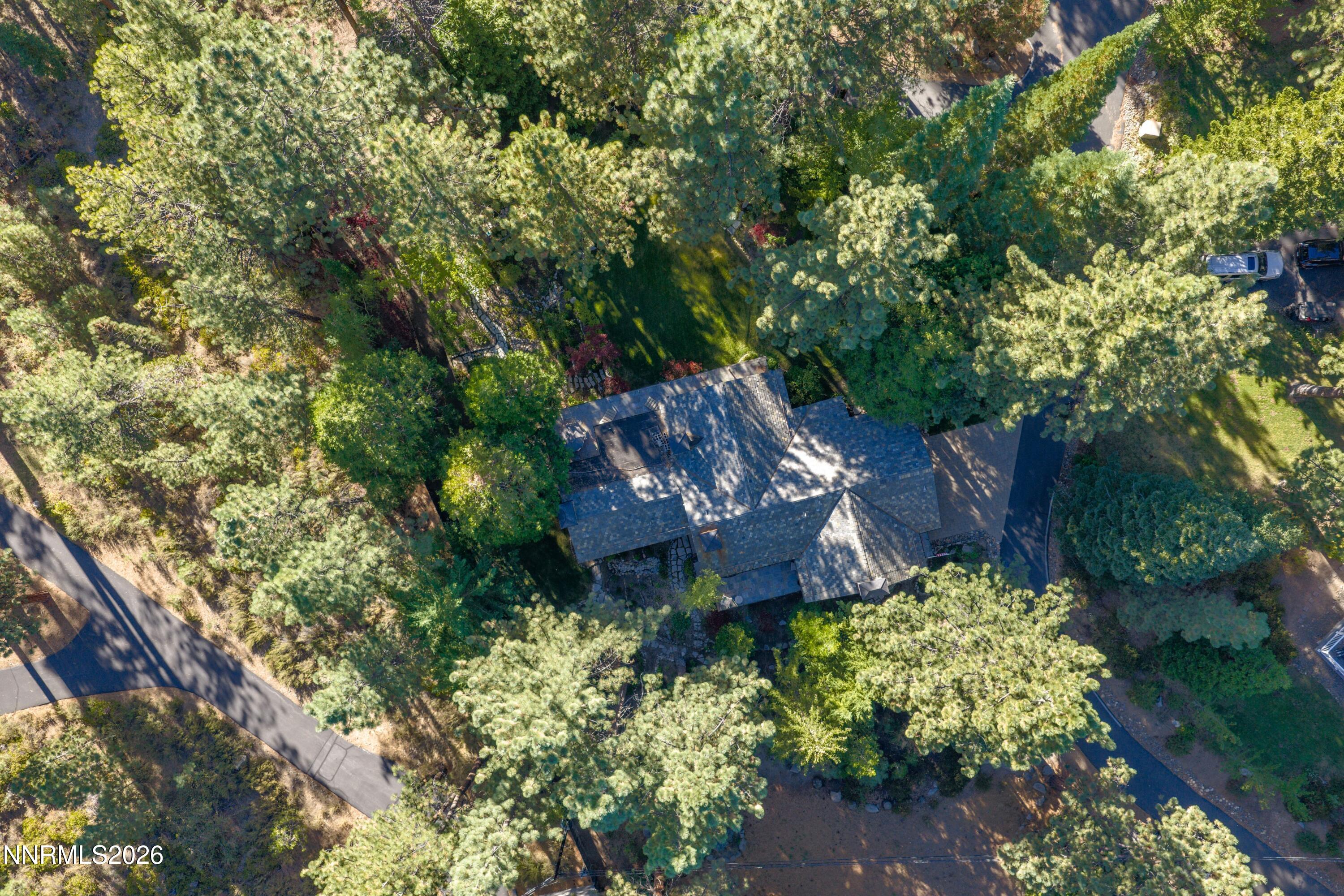 Aerial view of a shingle-roofed home surrounded by mature trees, garden, and winding driveway.