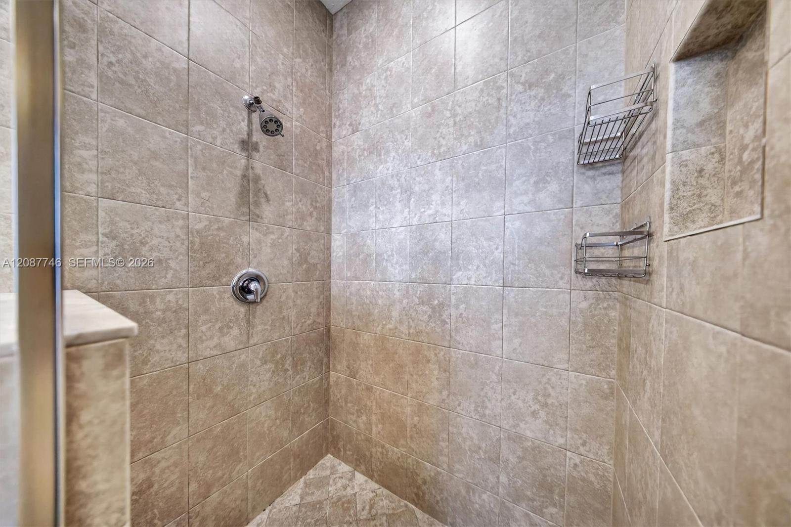 Tiled walk-in shower with chrome fixtures, two wire baskets, and a recessed wall niche.