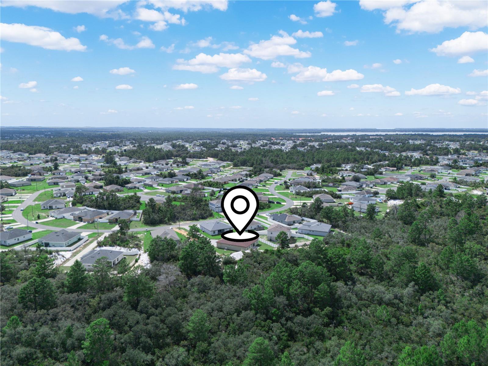 Aerial neighborhood view with the marked property, surrounding homes, wooded land, and a distant lake.