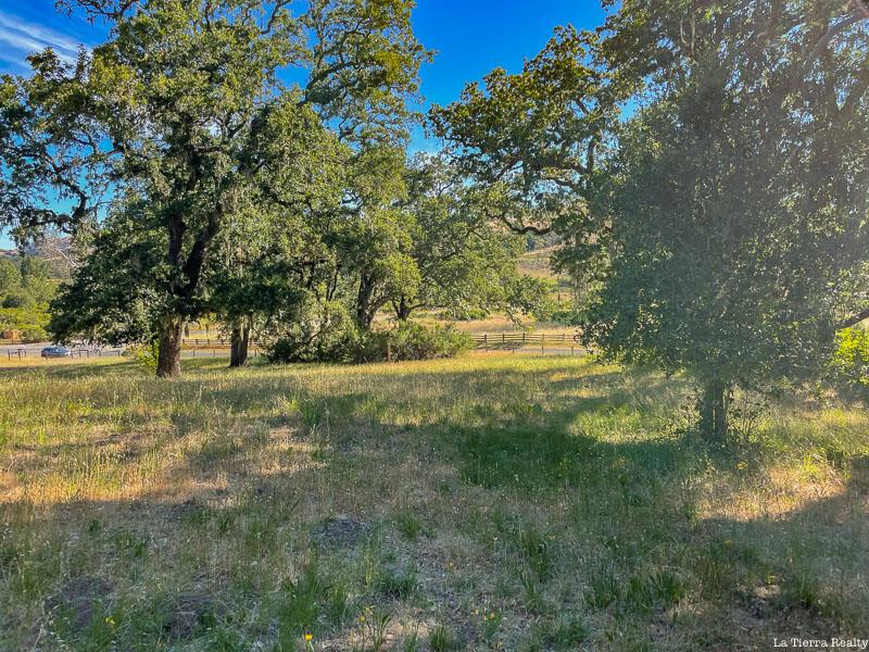 Grassy property with mature oak trees and a split-rail fence.