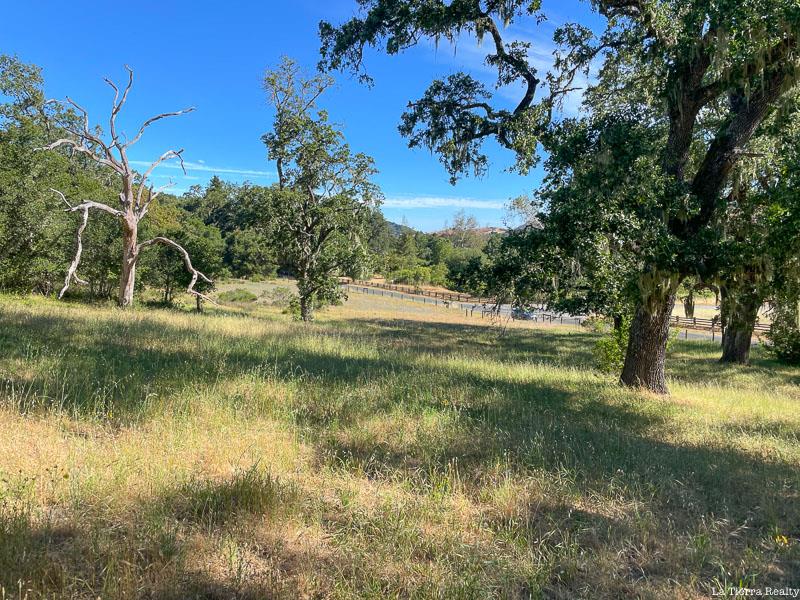 Grassy rural property with mature trees, a wooden fence, and distant hills.