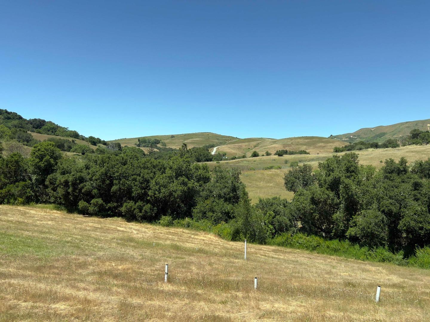 Grassy property with survey markers overlooking a tree-lined valley and rolling hills.