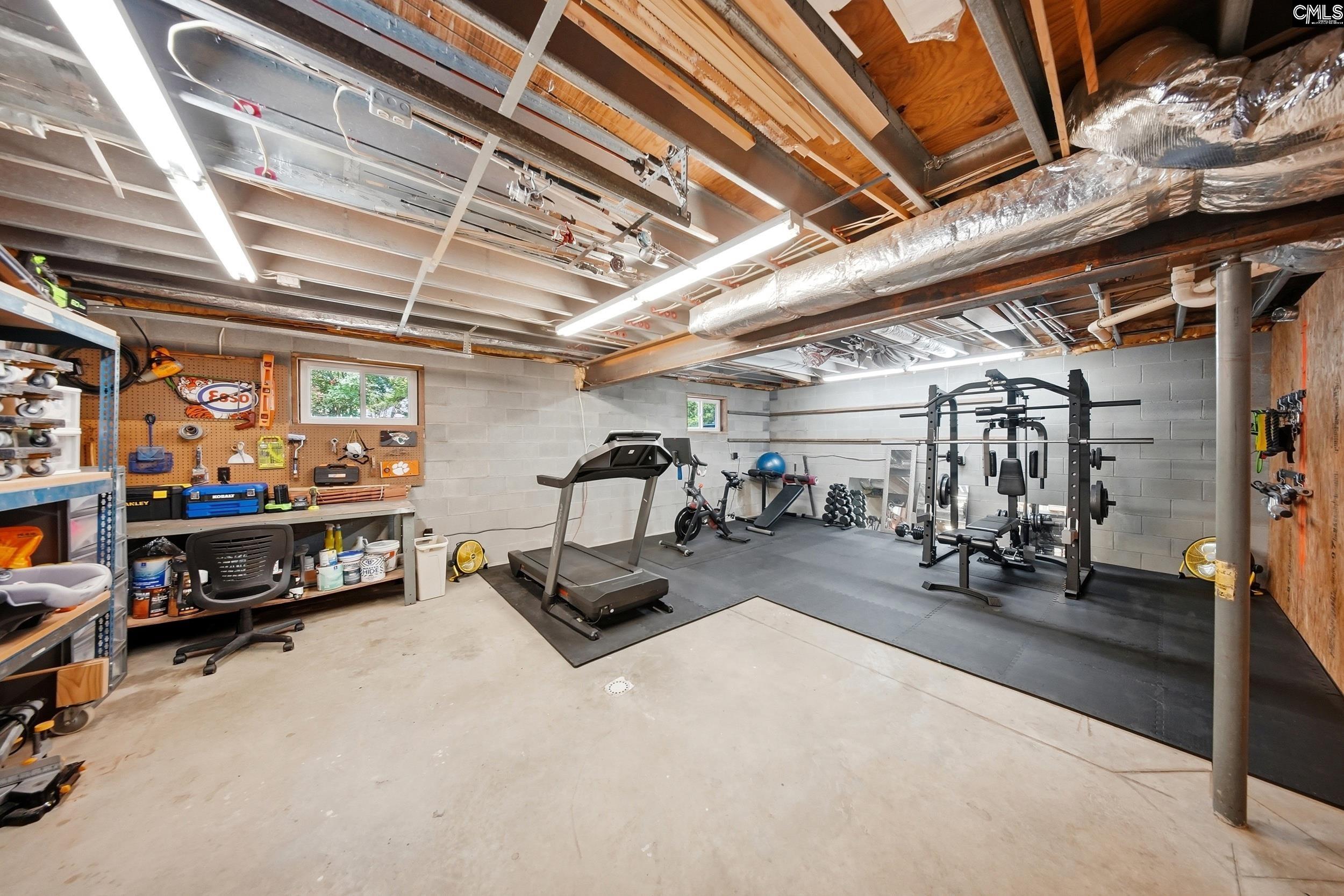 Basement home gym with a treadmill, weight rack, and workshop storage along one wall.