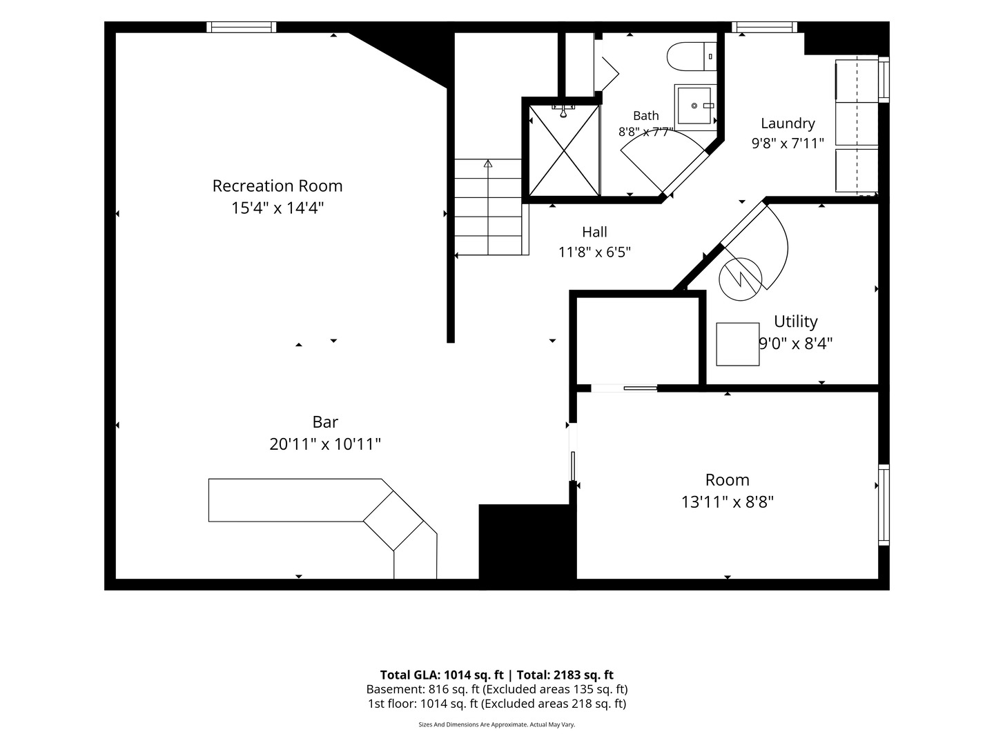 Basement floor plan with a recreation room, bar, bath, laundry, utility area, and additional room.