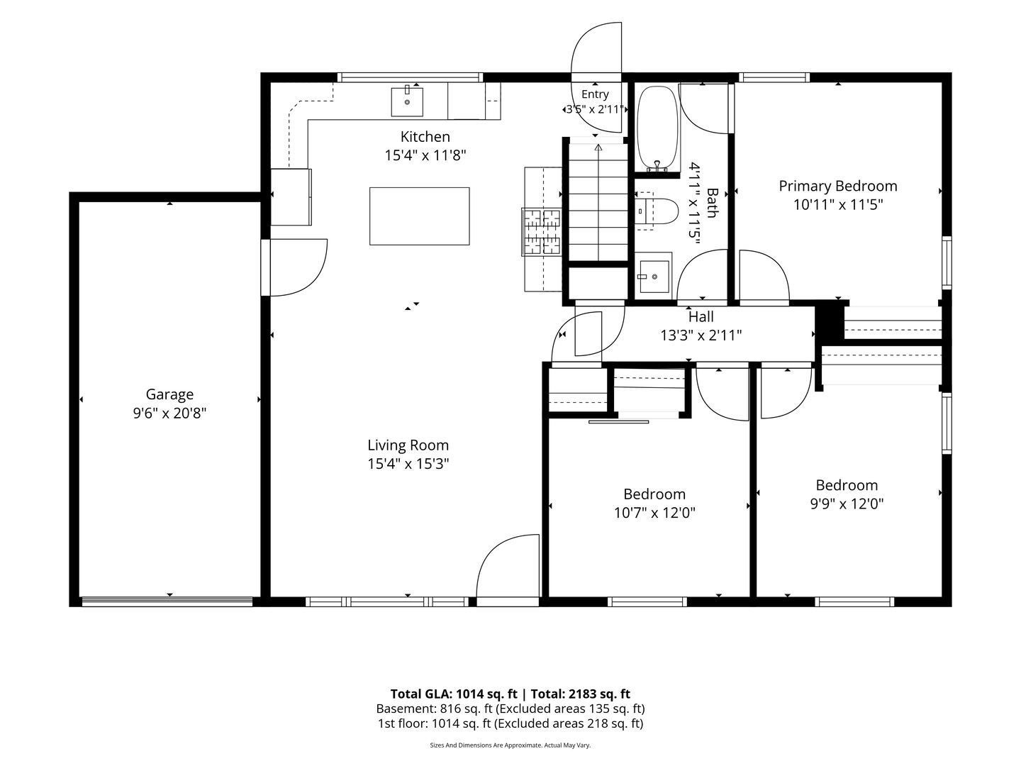 Floor plan showing a kitchen, living room, three bedrooms, bath, and attached garage.