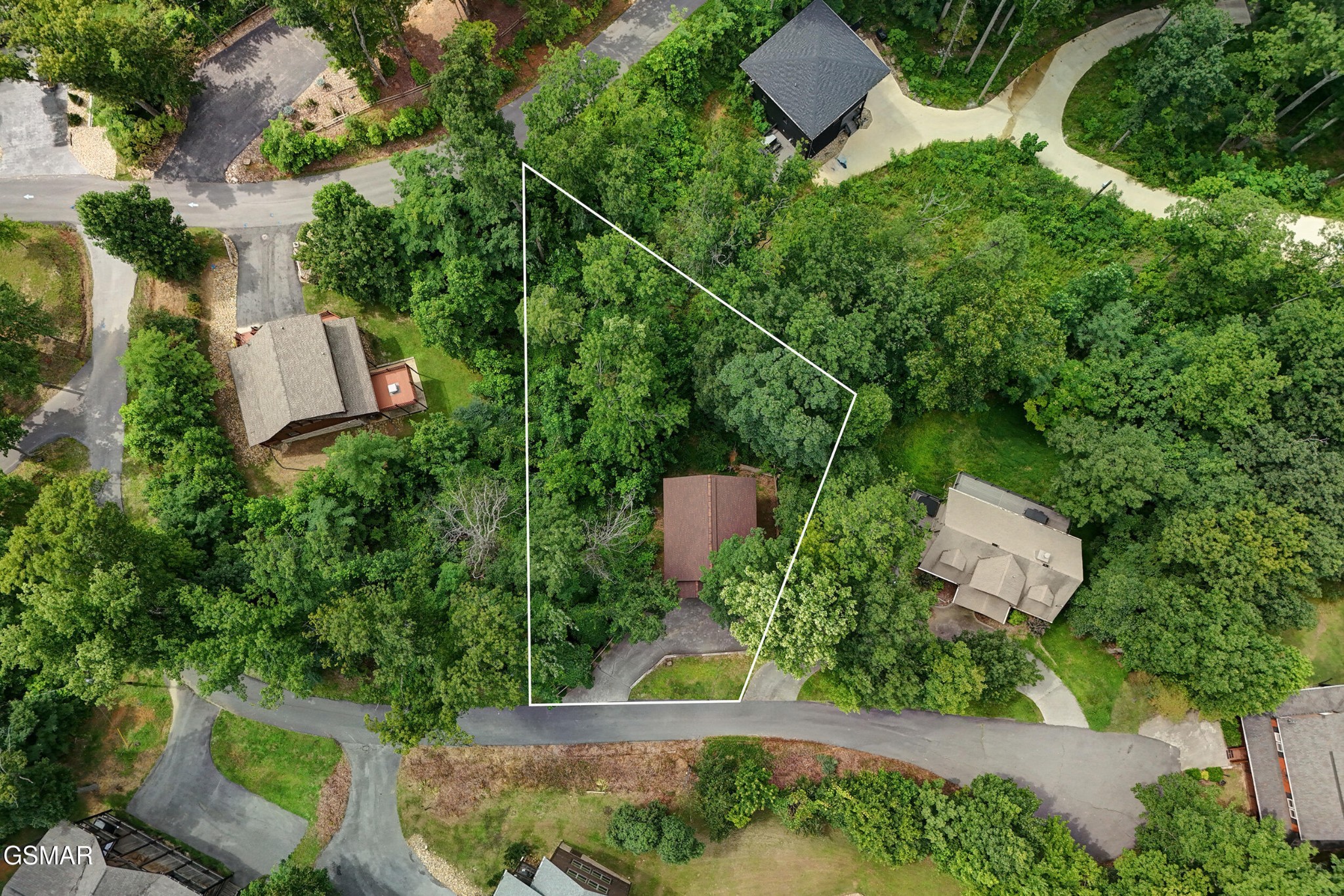 Aerial view of a wooded cabin lot outlined in white, with a driveway leading to the road.