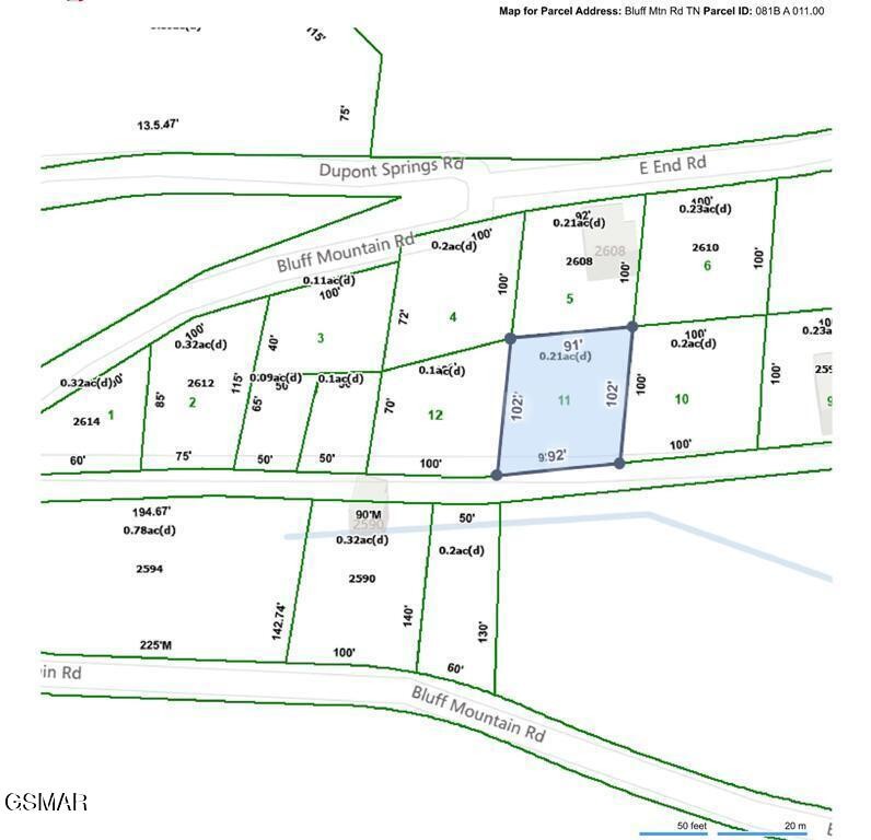 Parcel map highlighting lot 11 along Bluff Mountain Road.