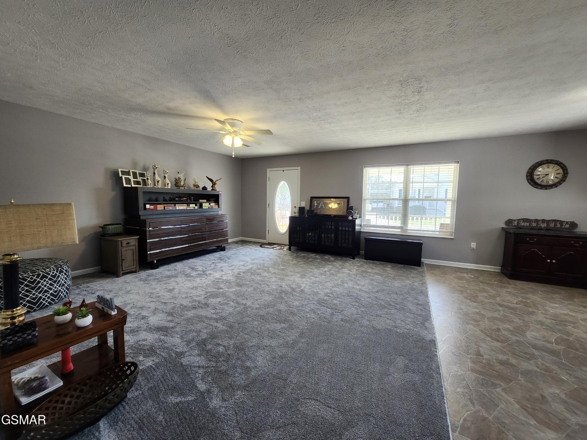 Furnished living room with a wide carpeted area, dark wood furniture, and a front door with oval glass.
