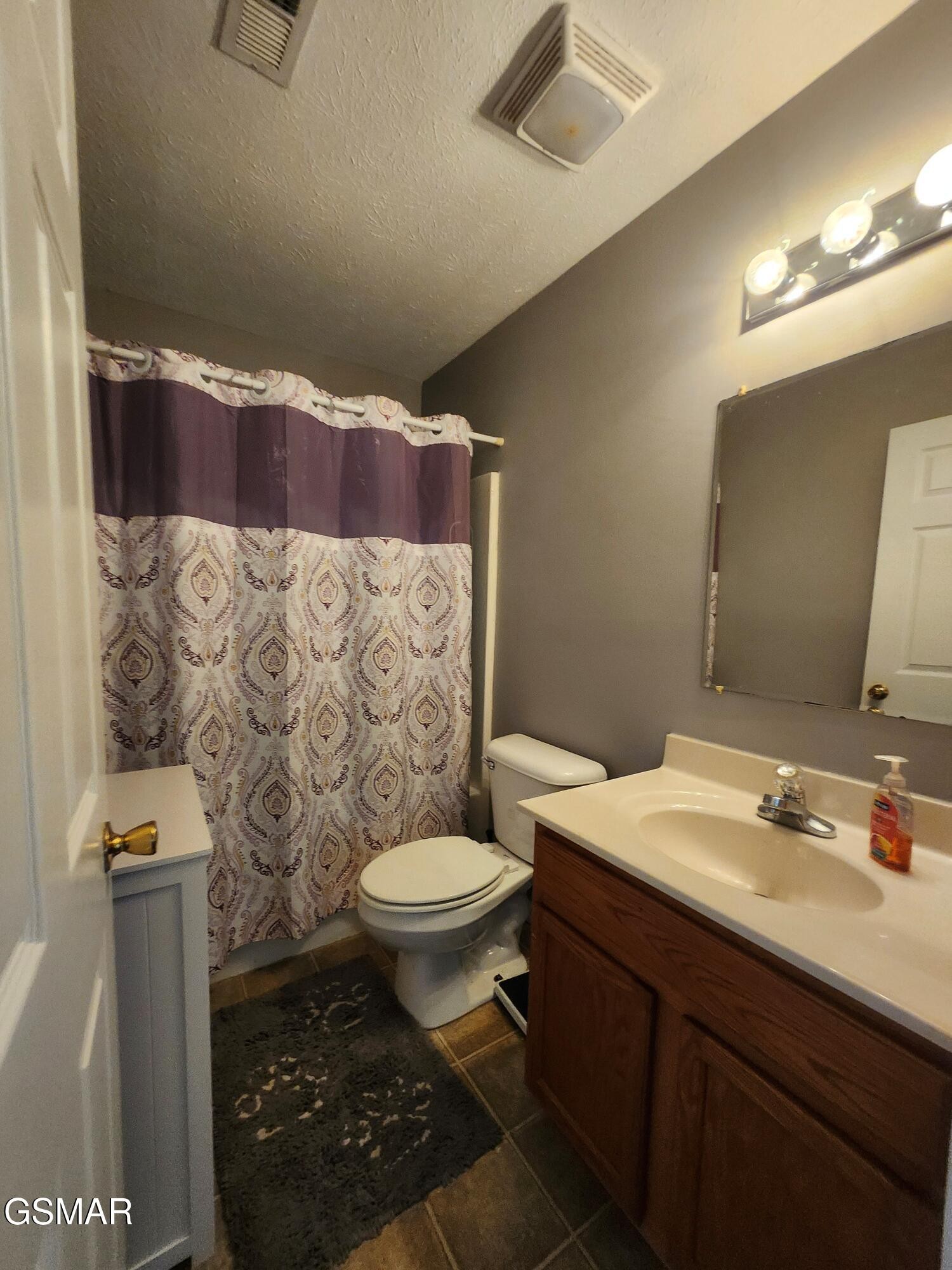 Bathroom with a patterned shower curtain, toilet, and wood vanity with a large mirror.