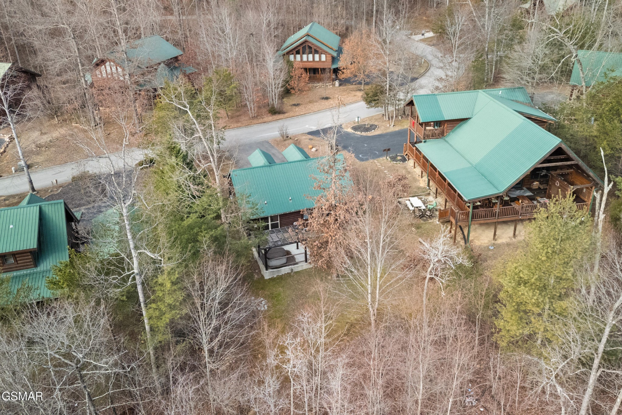 Aerial view of log cabins with green roofs among leafless trees; the largest cabin has expansive covered decks.