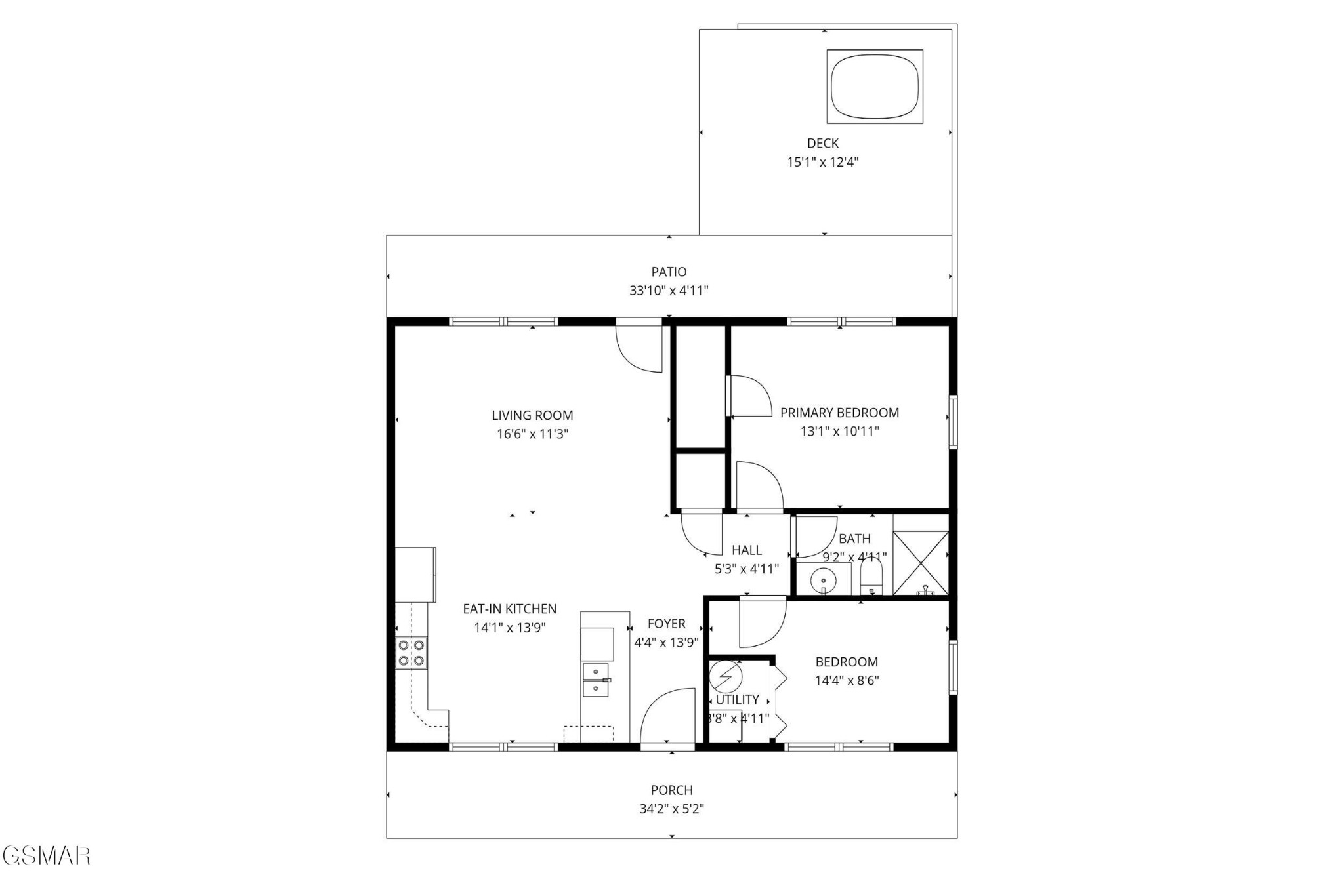 Floor plan showing two bedrooms, an eat-in kitchen, living room, porch, patio, and deck.